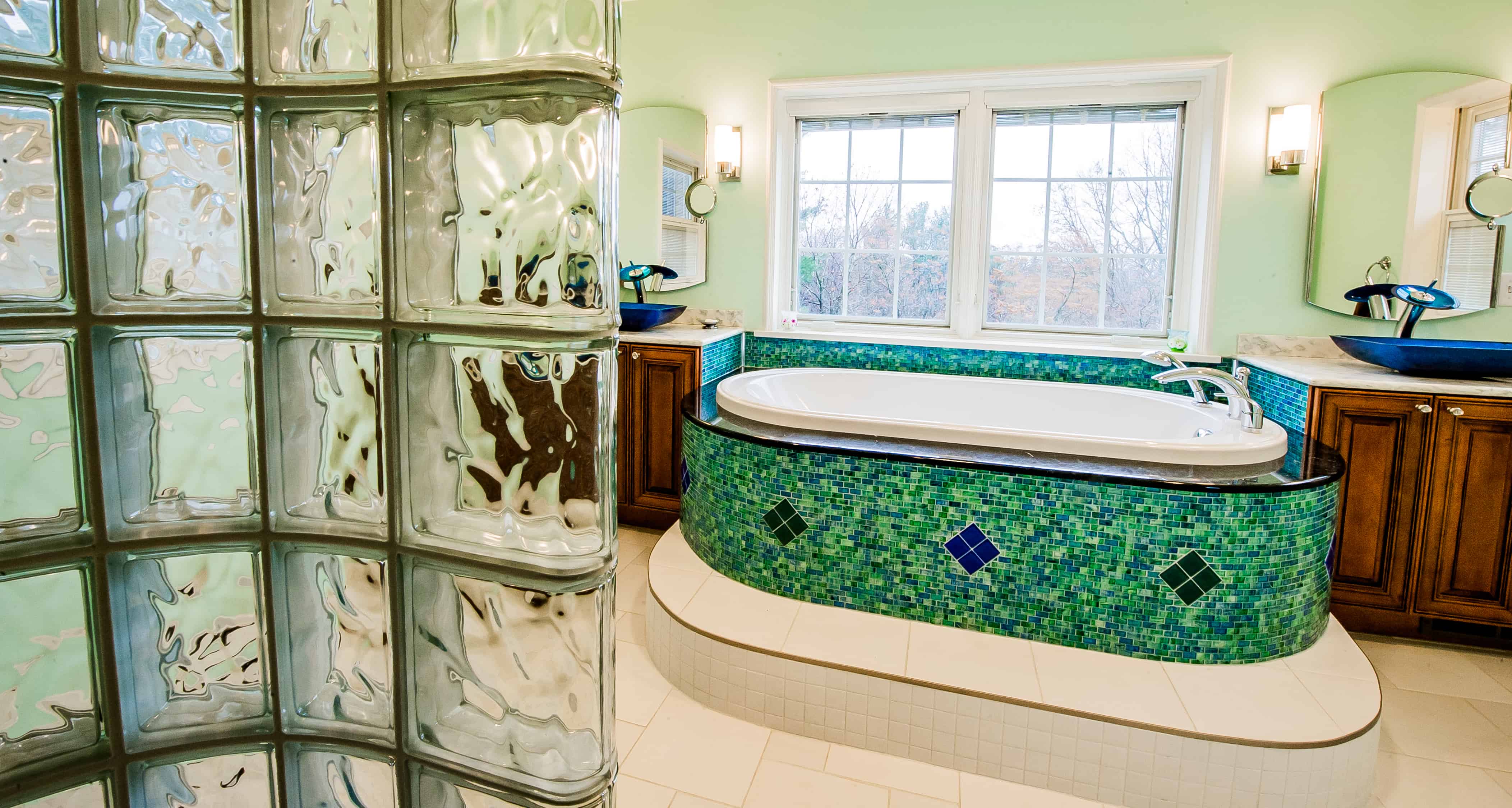Troy master bathroom glass mosaic tile